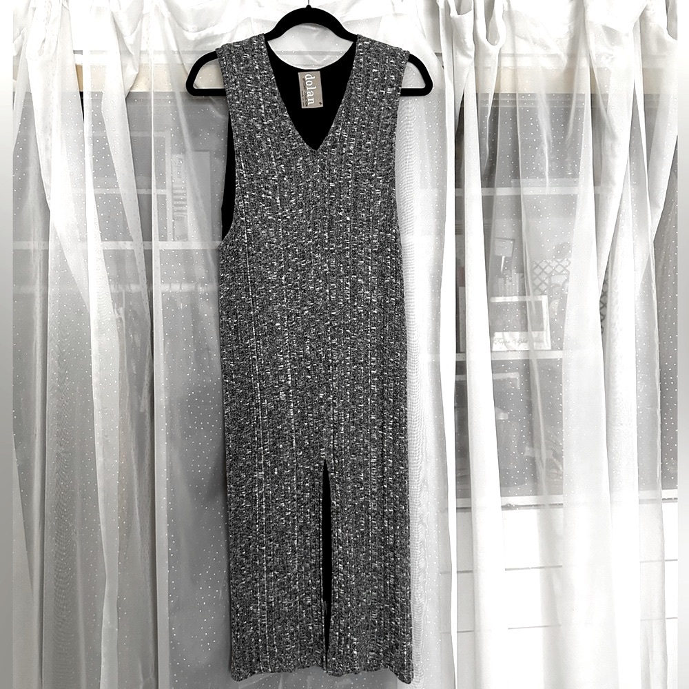 Dolan Knit Sleeveless V-Neck Gray & Black Midi Dress